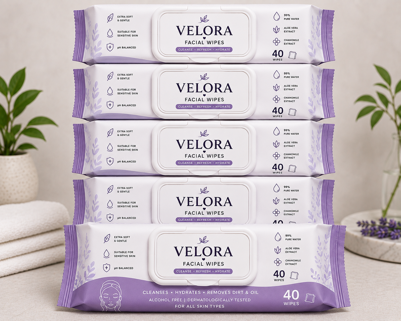 Velora Facial Wipes – Cleanse, Refresh & Hydrate | 40 Wipes Each | Pack of 6 – 240 Wipes Total
