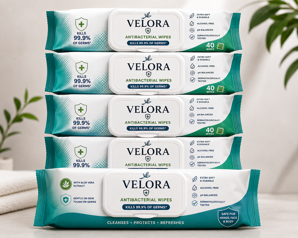 Velora Antibacterial Wipes – Cleanse, Protect & Refresh | 40 Wipes Each | Pack of 6 – 240 Wipes Total