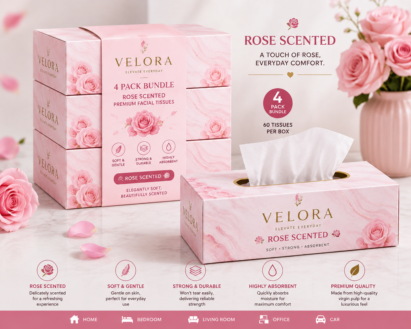 VELORA Rose Scented Premium Facial Tissues – Pack of 4 | 60 Tissues per Box | Soft, Strong & Absorbent