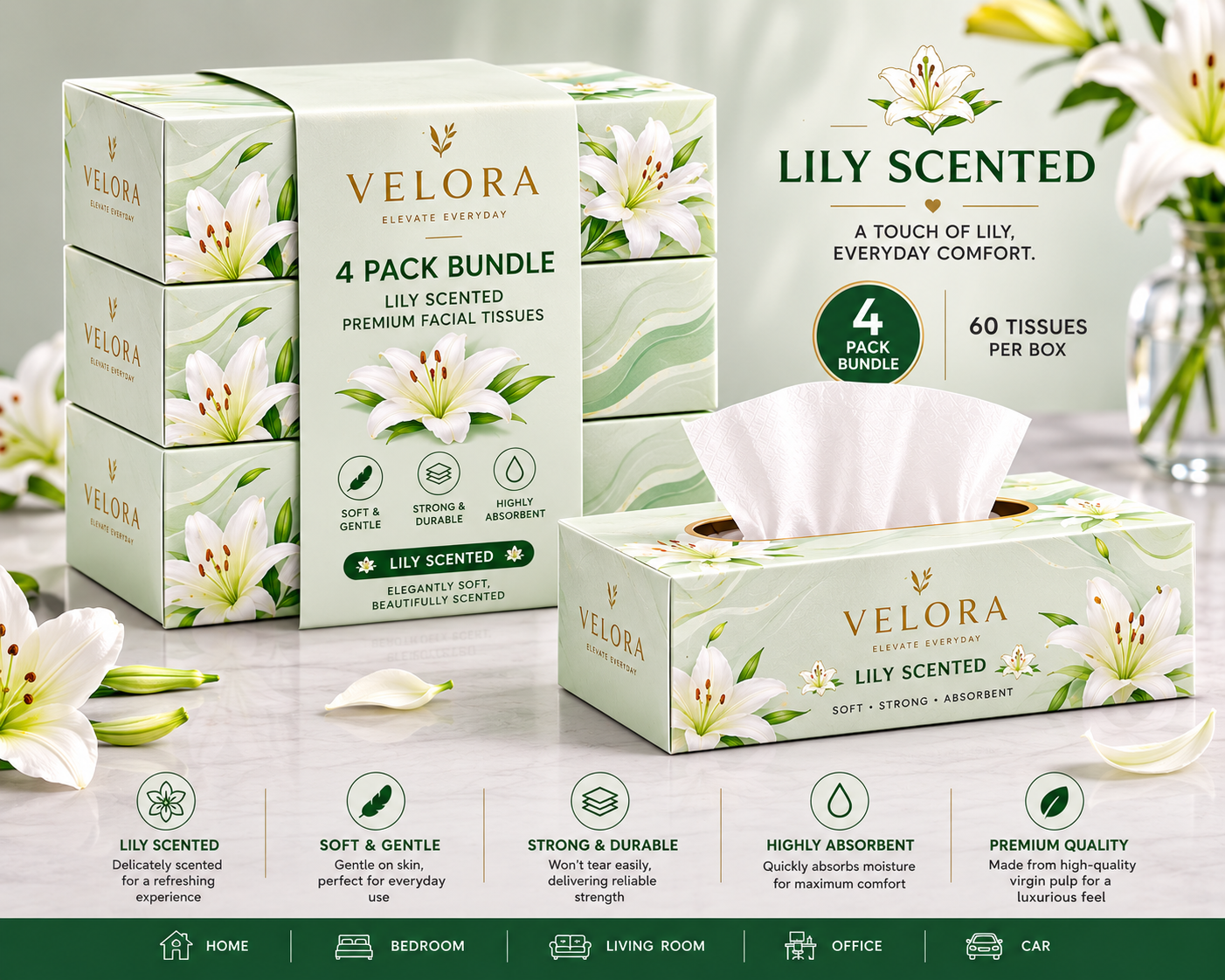 VELORA Lily Scented Premium Facial Tissues – Pack of 4 | 60 Tissues per Box | Soft, Strong & Absorbent