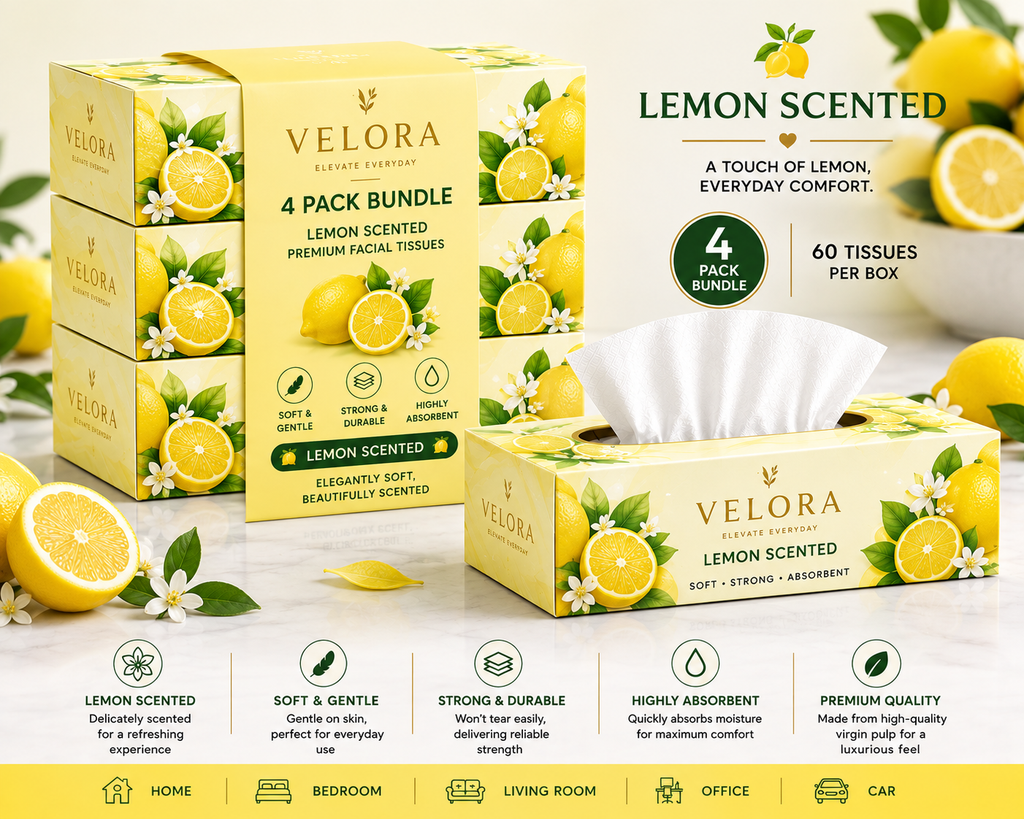 VELORA Lemon Scented Premium Facial Tissues – Pack of 4 | 60 Tissues per Box | Soft, Strong & Absorbent