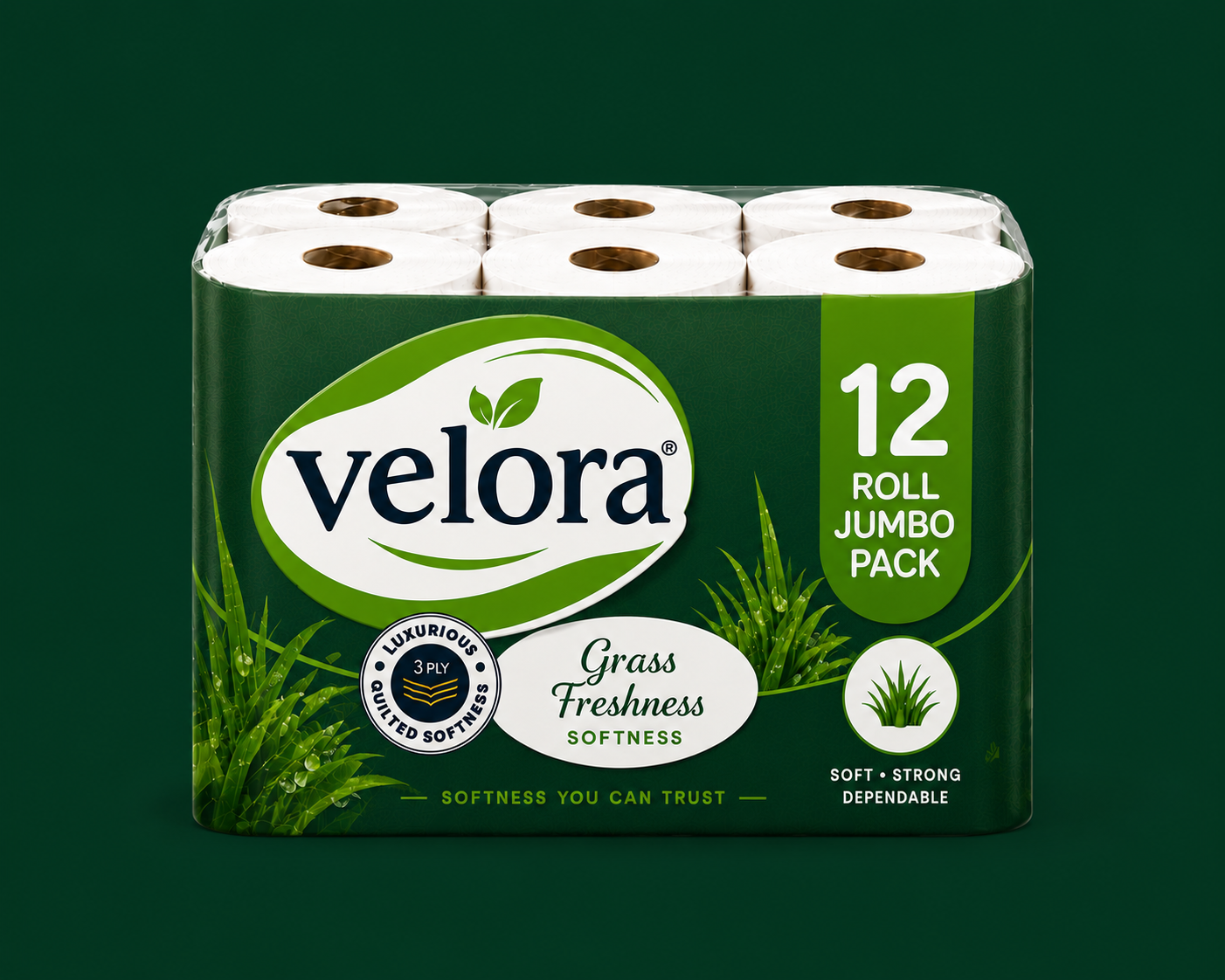 Velora Grass Scented 3-Ply Quilted Toilet Tissue – 12 Roll Pack