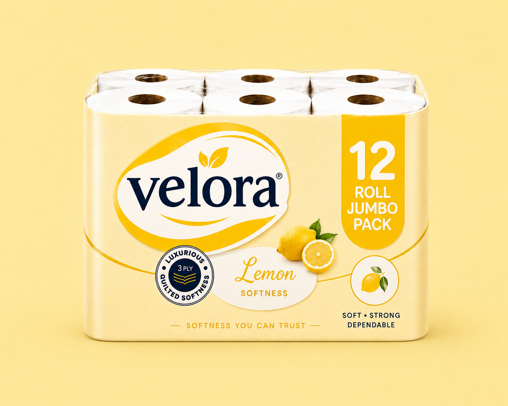Velora Lemon Scented 3-Ply Quilted Toilet Tissue – 12 Roll Pack