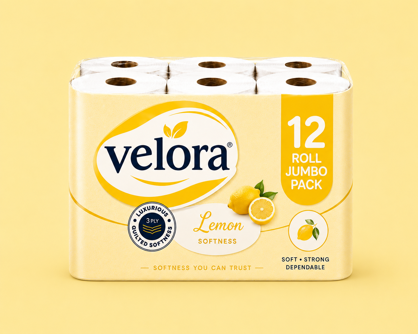 Velora Lemon Scented 3-Ply Quilted Toilet Tissue – 12 Roll Pack