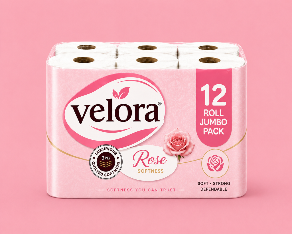 Velora Rose Scented 3-Ply Quilted Toilet Tissue – 12 Roll Pack