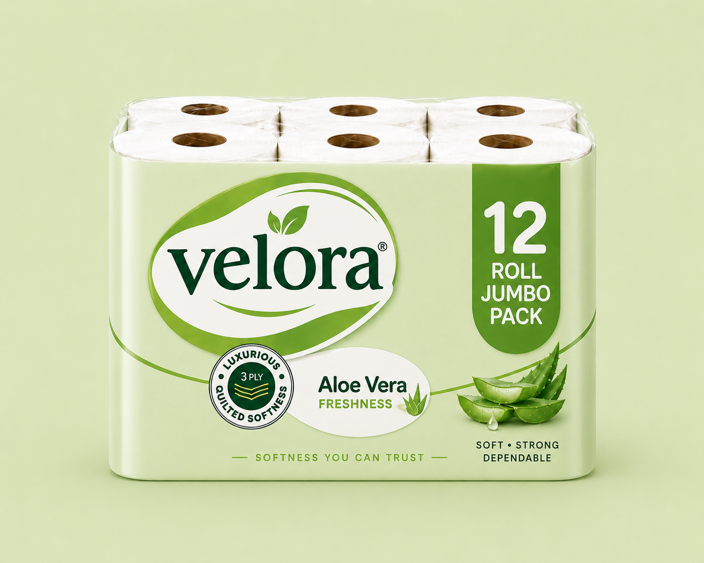 Velora AleoVera Scented 3-Ply Quilted Toilet Tissue – 12 Roll Pack