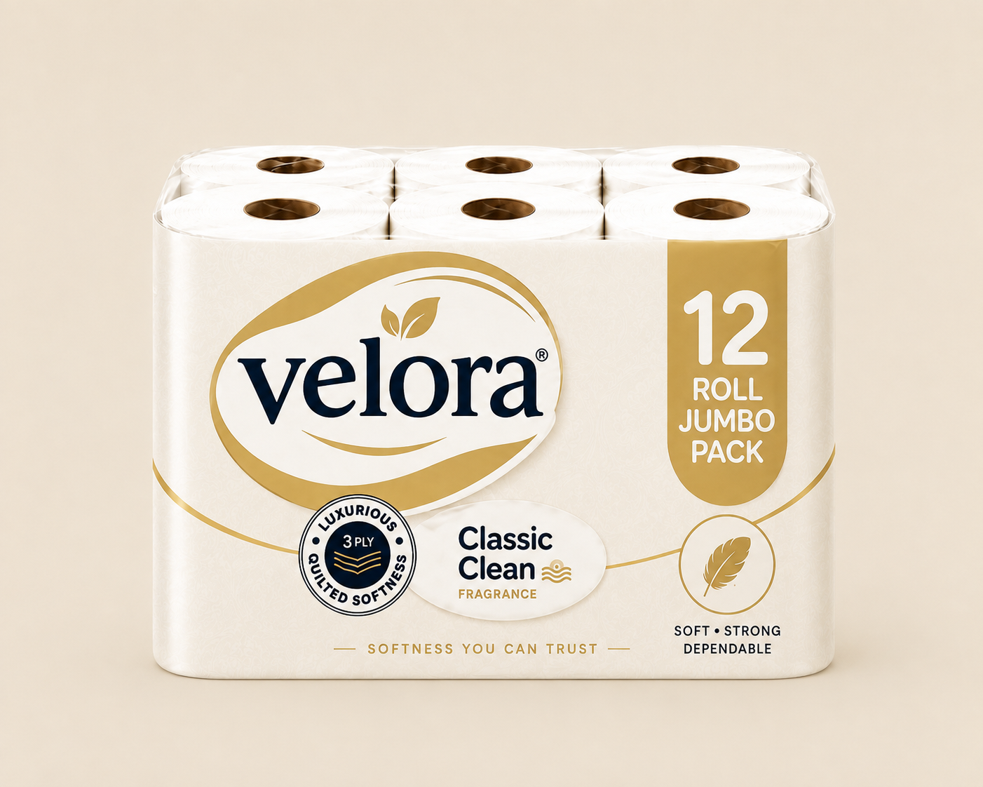 Velora Classic Scented 3-Ply Quilted Toilet Tissue – 12 Roll Pack