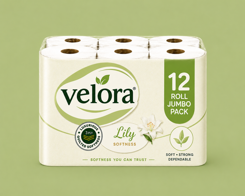 Velora Lily Scented 3-Ply Quilted Toilet Tissue – 12 Roll Pack