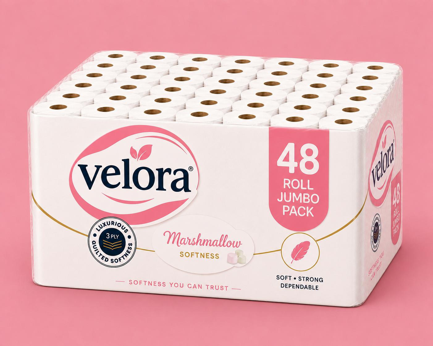 Velora Marshmallow Scented 3-Ply Quilted Toilet Tissue – 12 Roll Pack