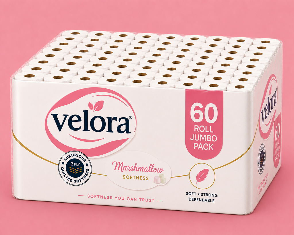 Velora Marshmallow Scented 3-Ply Quilted Toilet Tissue – 12 Roll Pack