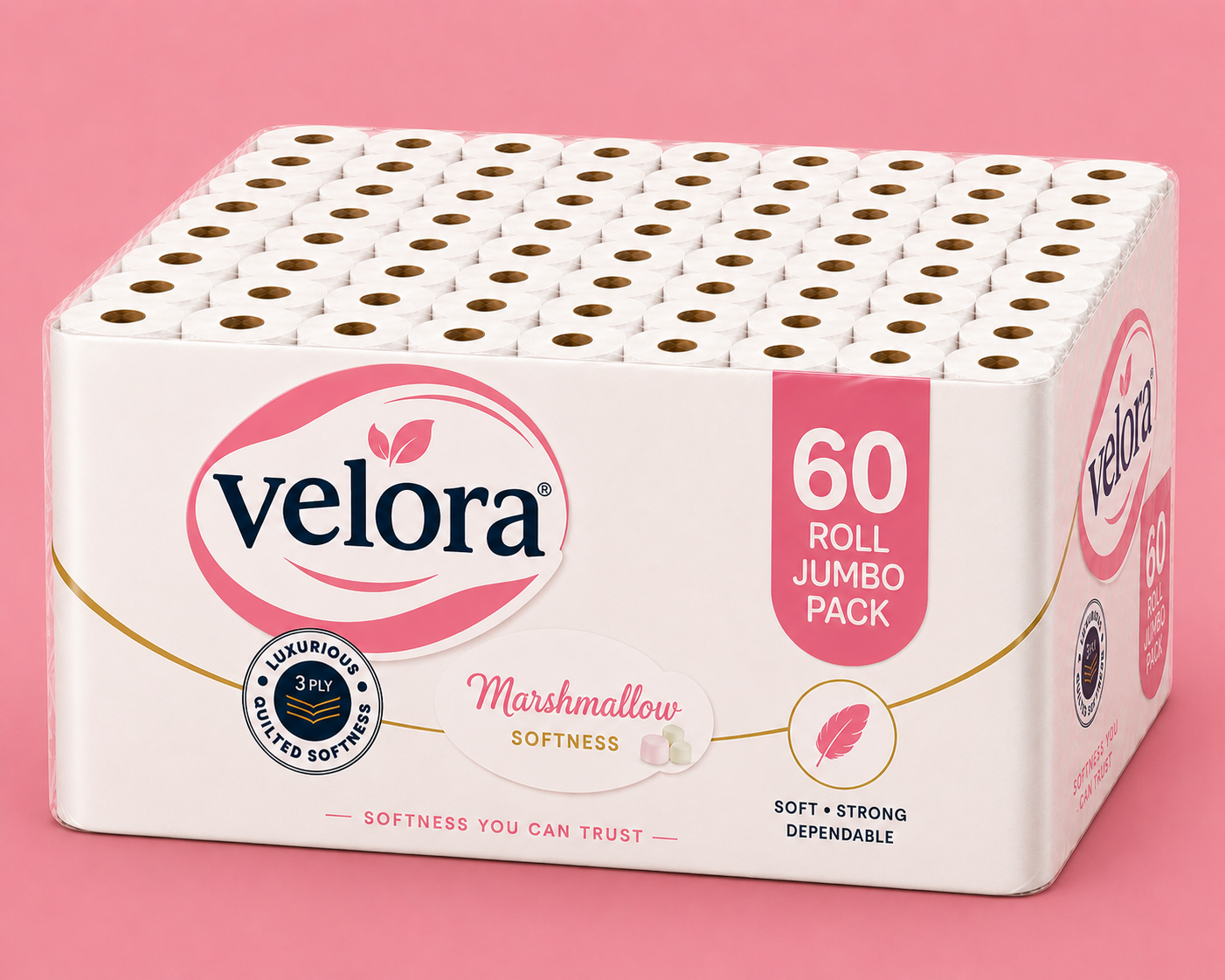 Velora Marshmallow Scented 3-Ply Quilted Toilet Tissue – 12 Roll Pack