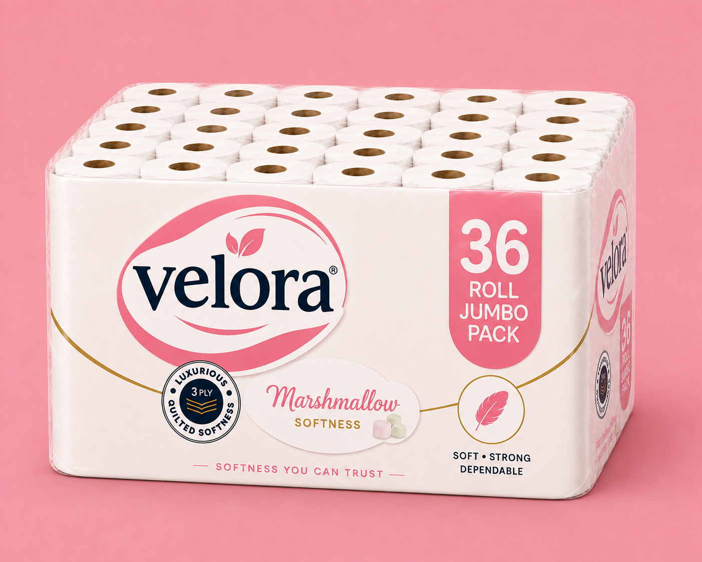 Velora Marshmallow Scented 3-Ply Quilted Toilet Tissue – 12 Roll Pack