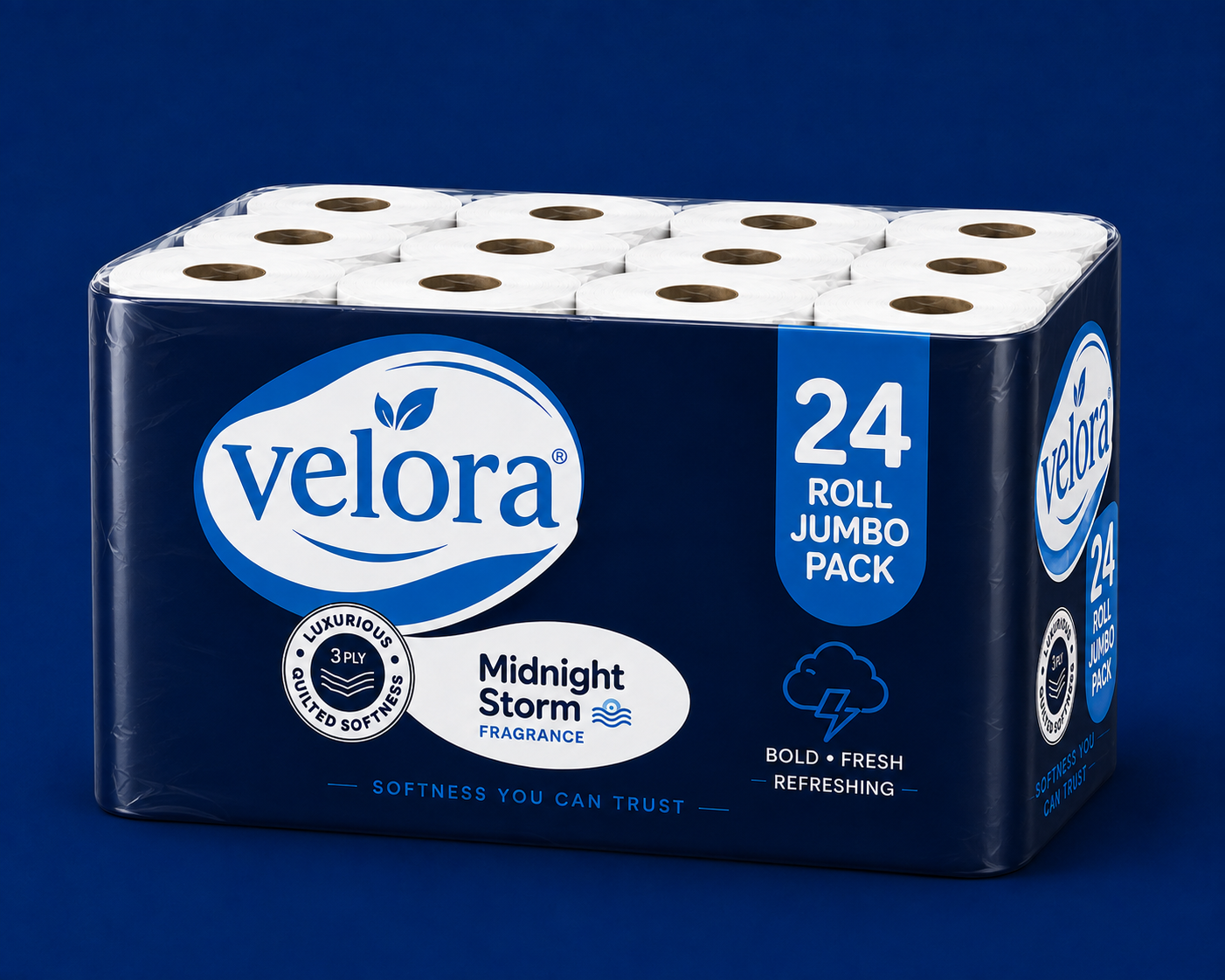 Velora Midnight Storm Scented 3-Ply Quilted Toilet Tissue – 12 Roll Pack