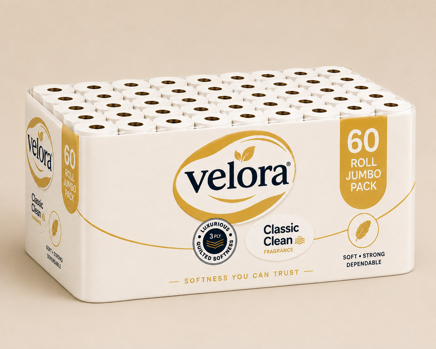 Velora Classic Scented 3-Ply Quilted Toilet Tissue – 12 Roll Pack