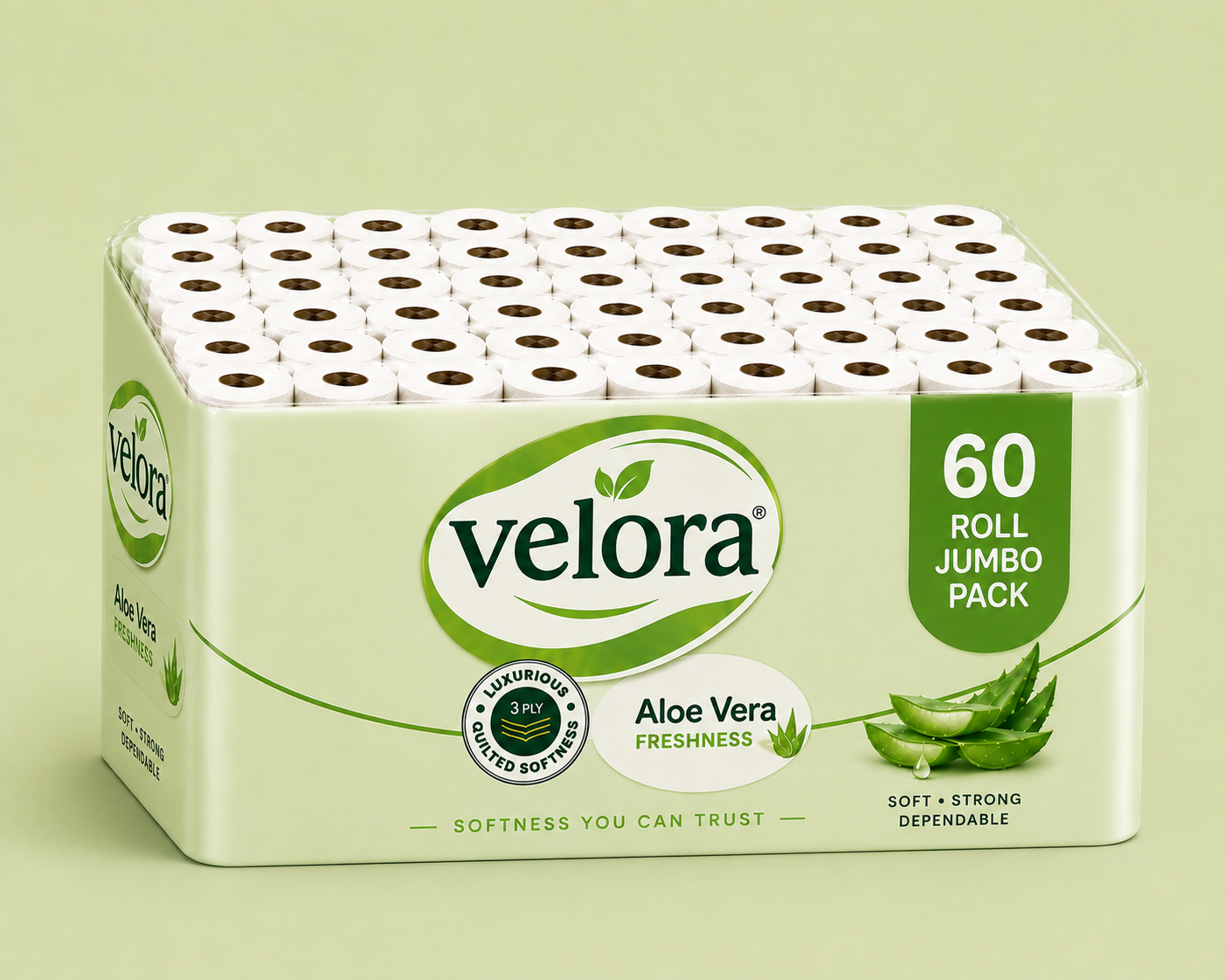 Velora AleoVera Scented 3-Ply Quilted Toilet Tissue – 12 Roll Pack