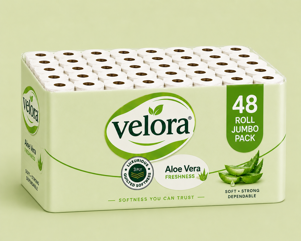 Velora AleoVera Scented 3-Ply Quilted Toilet Tissue – 12 Roll Pack