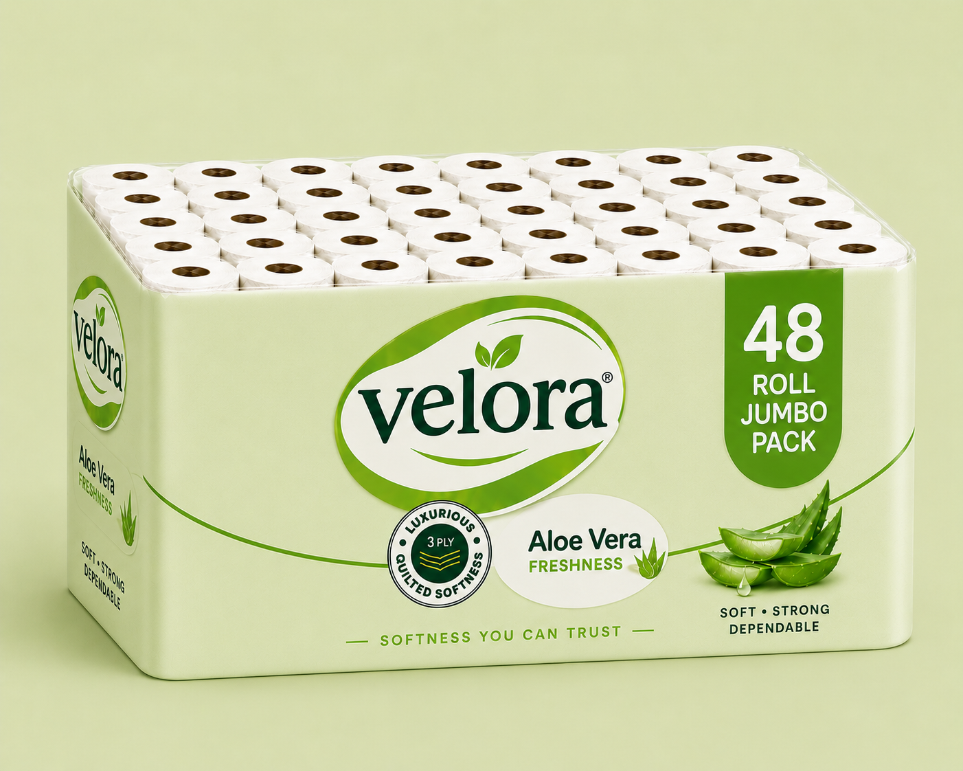 Velora AleoVera Scented 3-Ply Quilted Toilet Tissue – 12 Roll Pack