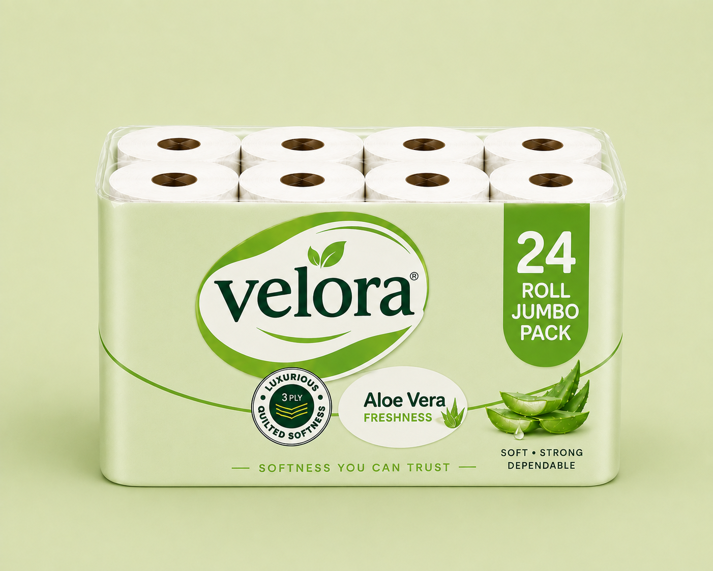 Velora AleoVera Scented 3-Ply Quilted Toilet Tissue – 12 Roll Pack
