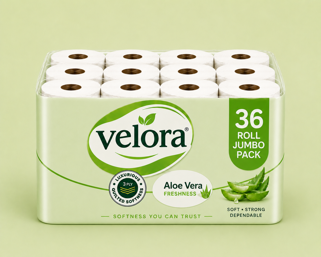 Velora AleoVera Scented 3-Ply Quilted Toilet Tissue – 12 Roll Pack