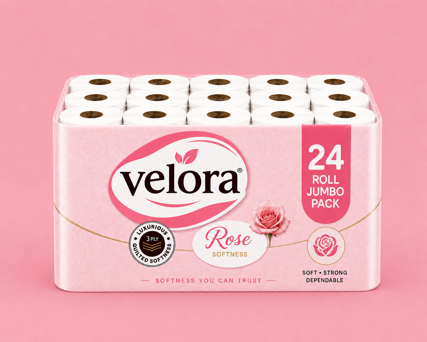 Velora Rose Scented 3-Ply Quilted Toilet Tissue – 12 Roll Pack
