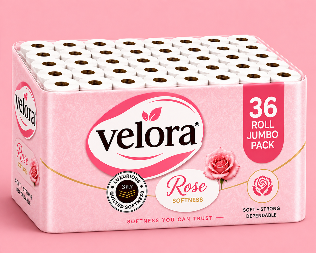 Velora Rose Scented 3-Ply Quilted Toilet Tissue – 12 Roll Pack