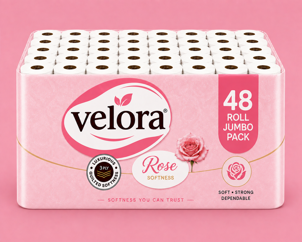 Velora Rose Scented 3-Ply Quilted Toilet Tissue – 12 Roll Pack