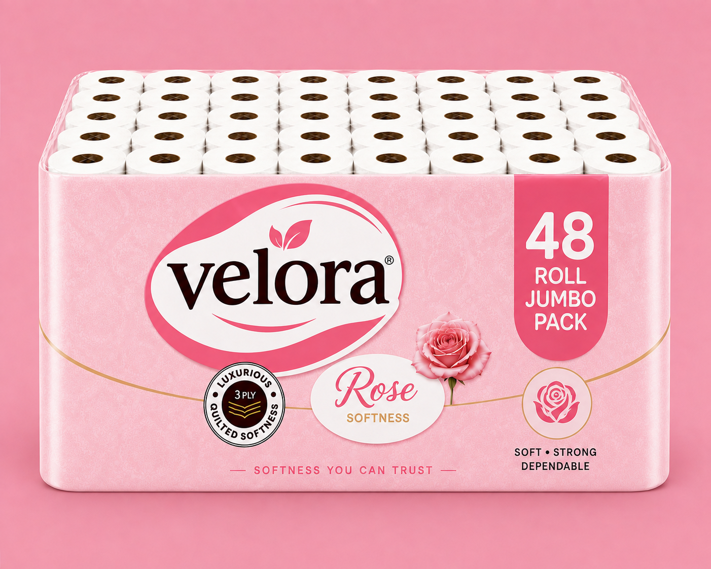 Velora Rose Scented 3-Ply Quilted Toilet Tissue – 12 Roll Pack