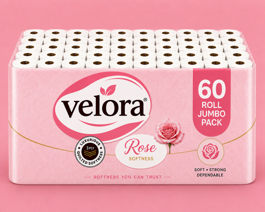 Velora Rose Scented 3-Ply Quilted Toilet Tissue – 12 Roll Pack