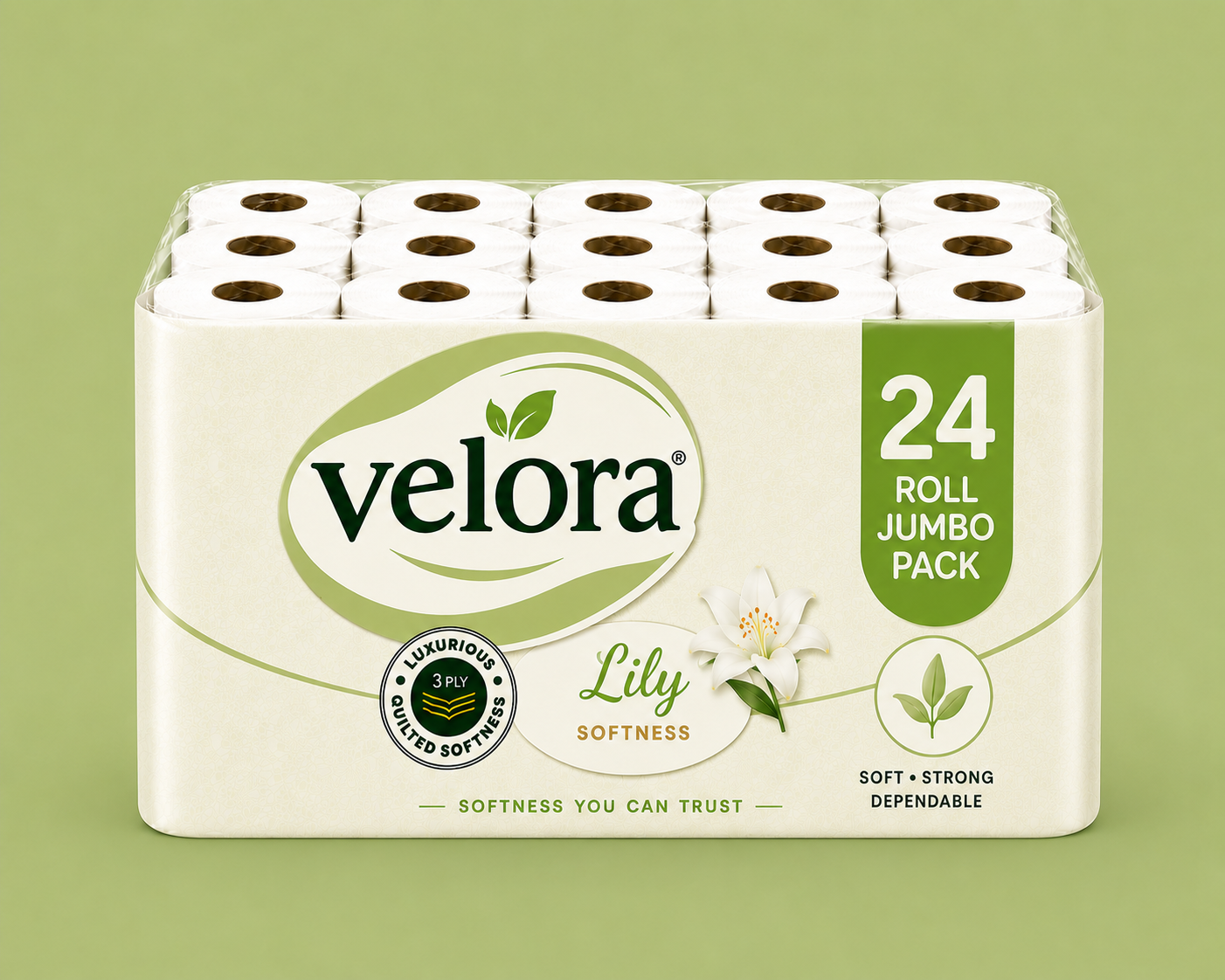Velora Lily Scented 3-Ply Quilted Toilet Tissue – 12 Roll Pack