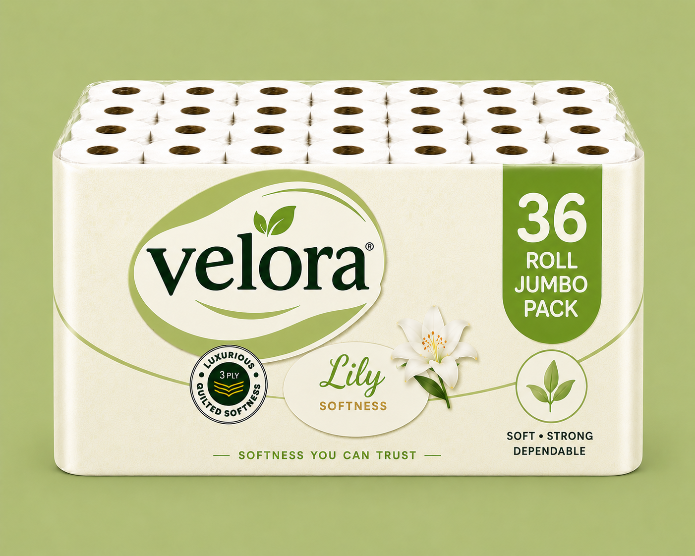 Velora Lily Scented 3-Ply Quilted Toilet Tissue – 12 Roll Pack