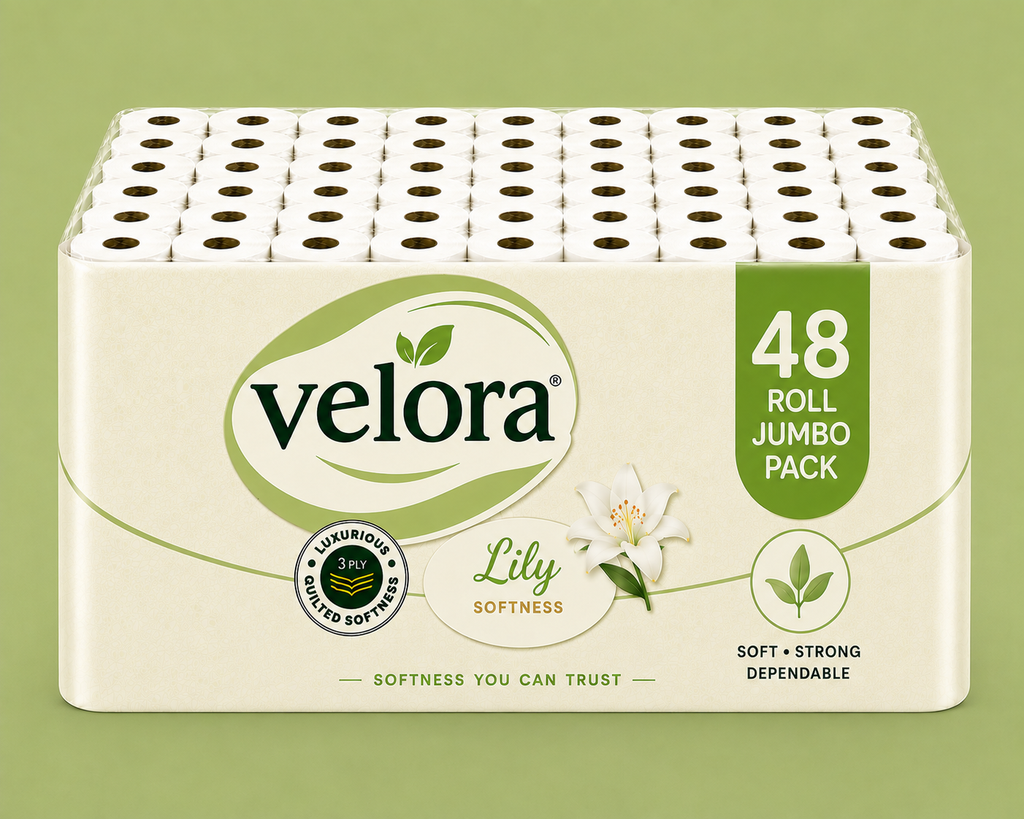 Velora Lily Scented 3-Ply Quilted Toilet Tissue – 12 Roll Pack