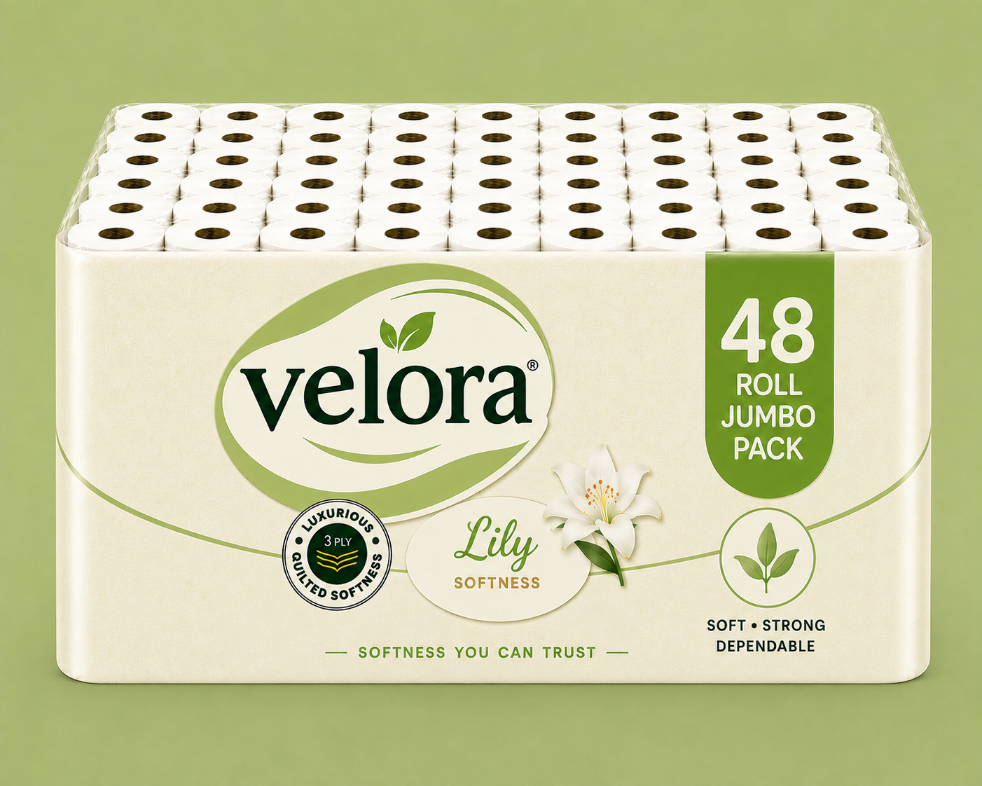 Velora Lily Scented 3-Ply Quilted Toilet Tissue – 12 Roll Pack
