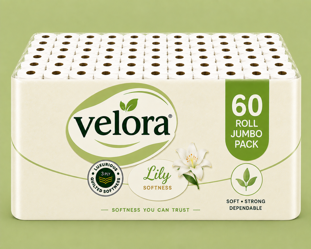 Velora Lily Scented 3-Ply Quilted Toilet Tissue – 12 Roll Pack