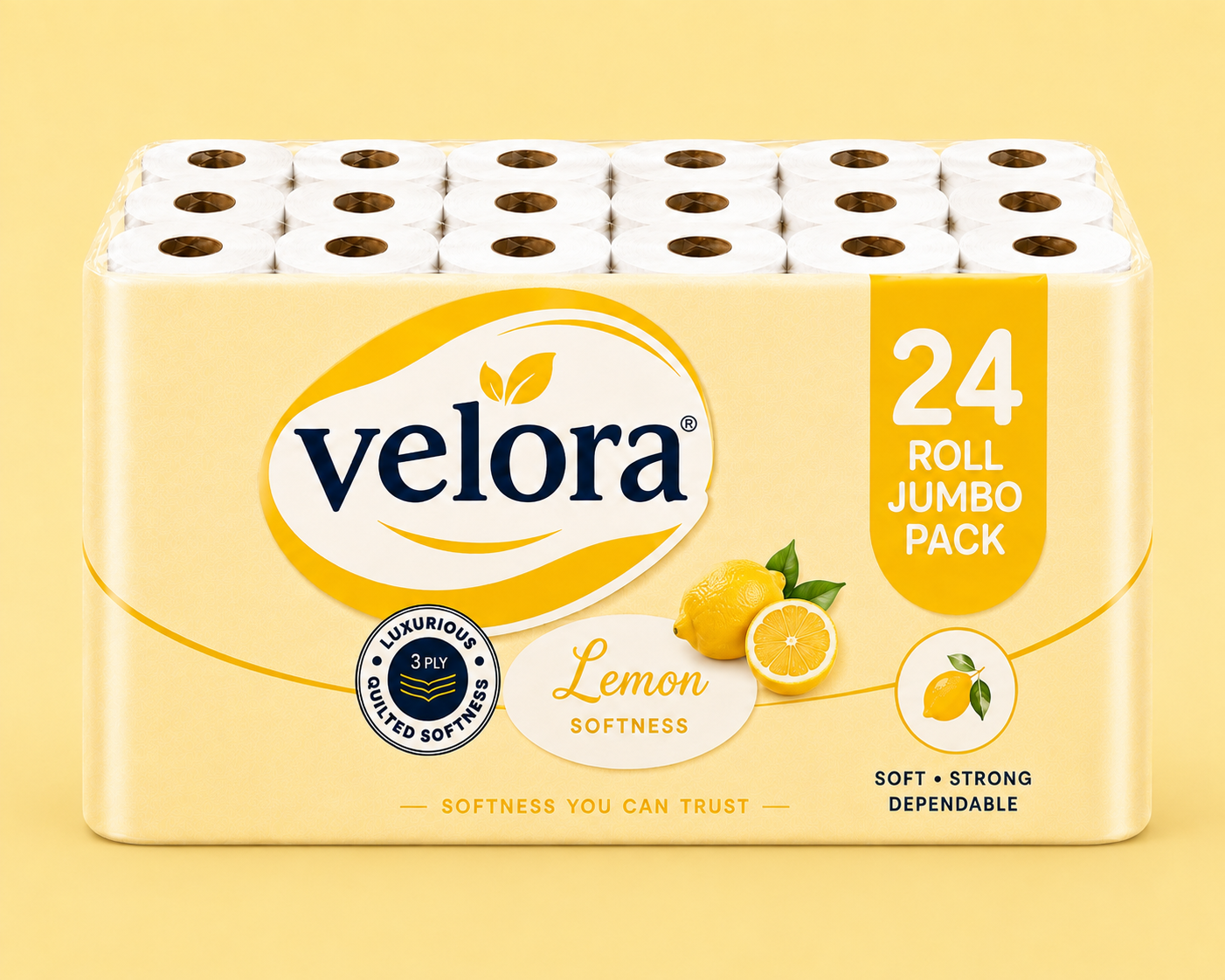Velora Lemon Scented 3-Ply Quilted Toilet Tissue – 12 Roll Pack
