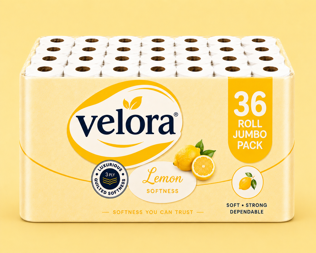 Velora Lemon Scented 3-Ply Quilted Toilet Tissue – 12 Roll Pack