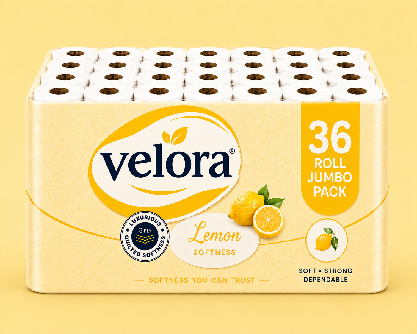 Velora Lemon Scented 3-Ply Quilted Toilet Tissue – 12 Roll Pack
