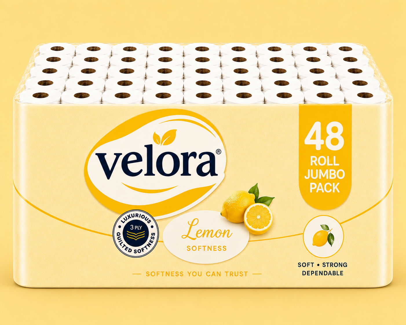 Velora Lemon Scented 3-Ply Quilted Toilet Tissue – 12 Roll Pack