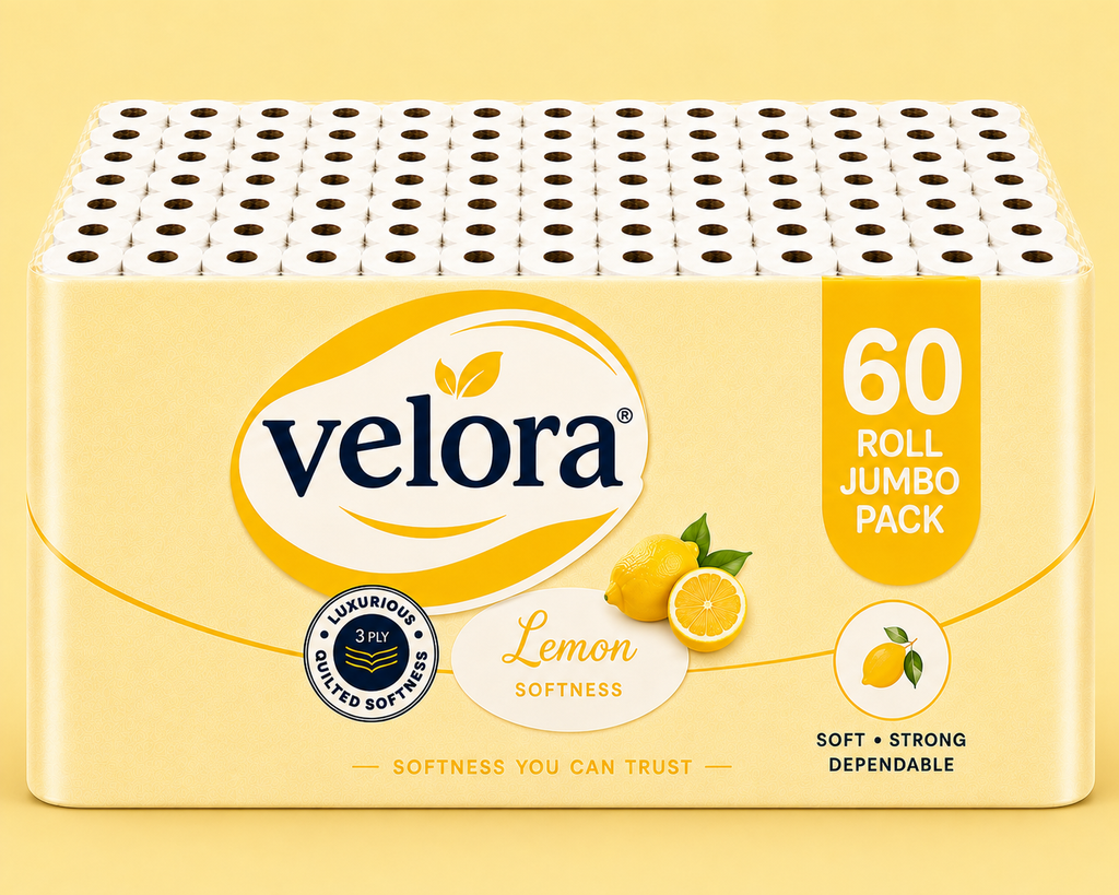 Velora Lemon Scented 3-Ply Quilted Toilet Tissue – 12 Roll Pack