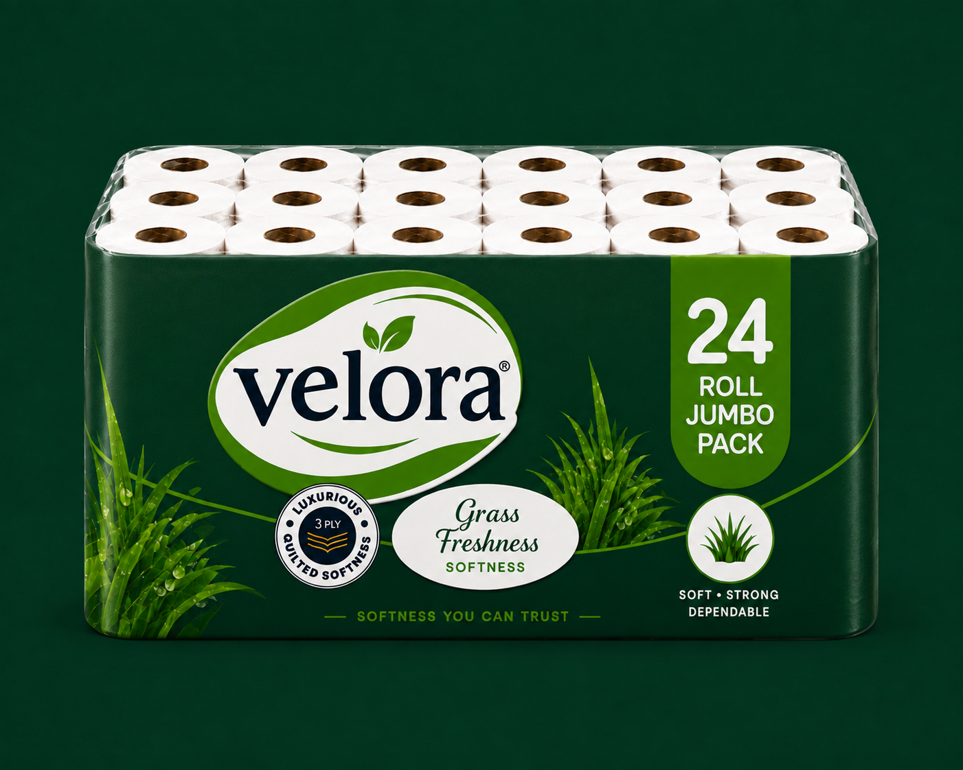 Velora Grass Scented 3-Ply Quilted Toilet Tissue – 12 Roll Pack