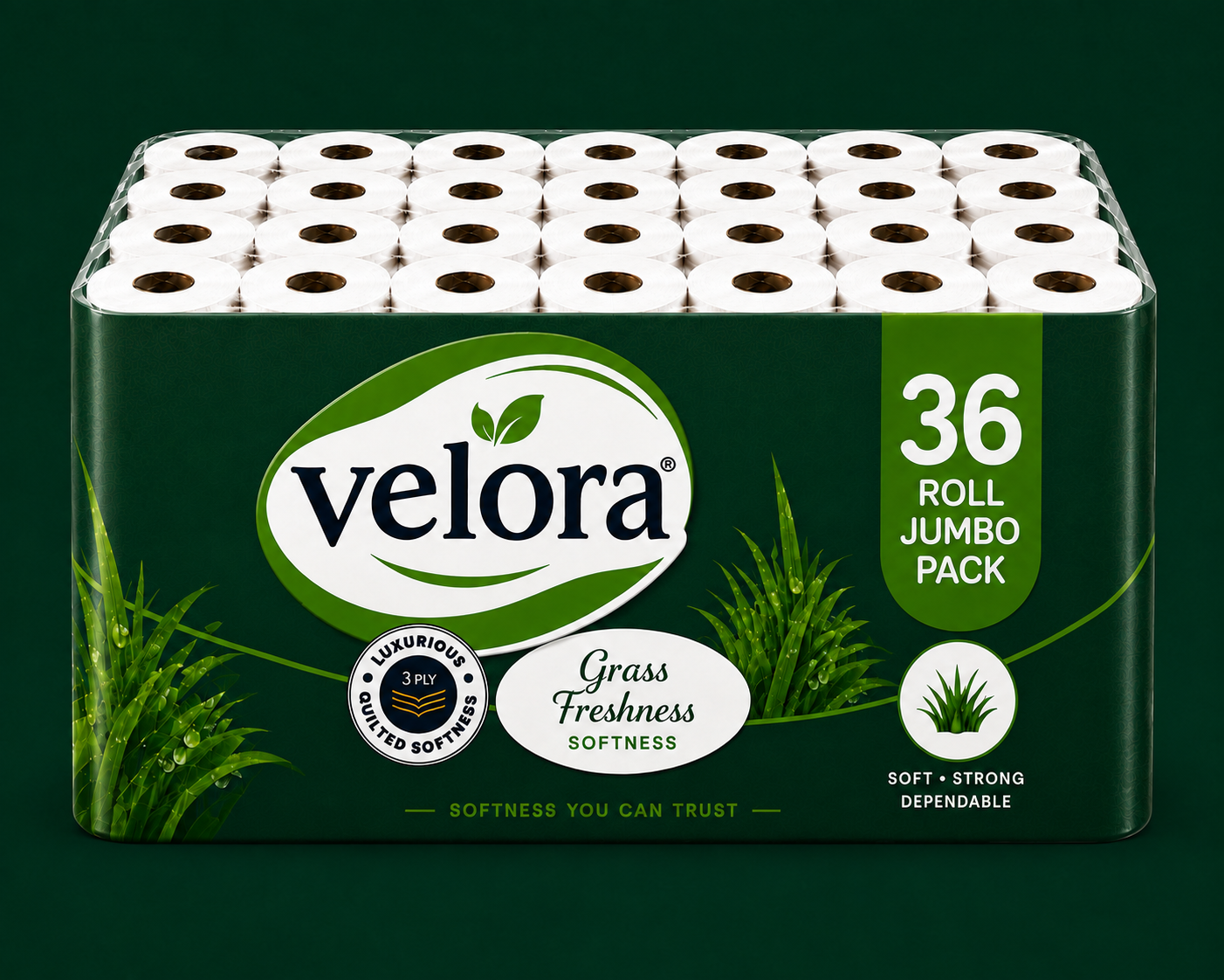 Velora Grass Scented 3-Ply Quilted Toilet Tissue – 12 Roll Pack