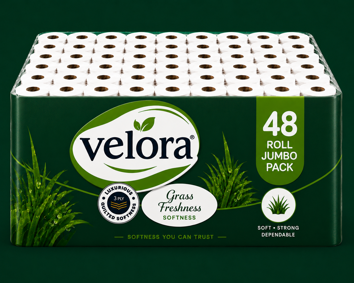 Velora Grass Scented 3-Ply Quilted Toilet Tissue – 12 Roll Pack