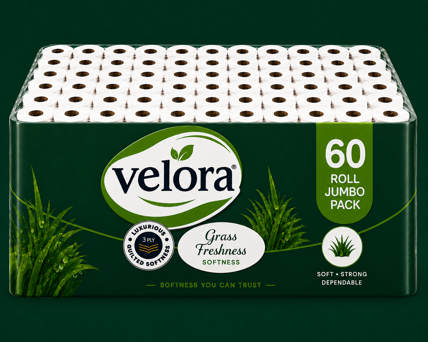 Velora Grass Scented 3-Ply Quilted Toilet Tissue – 12 Roll Pack