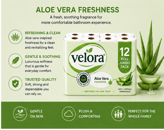 Velora AleoVera Scented 3-Ply Quilted Toilet Tissue – 12 Roll Pack