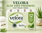 Velora AleoVera Scented 3-Ply Quilted Toilet Tissue – 12 Roll Pack