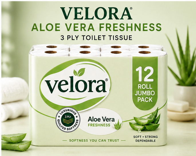 Velora AleoVera Scented 3-Ply Quilted Toilet Tissue – 12 Roll Pack