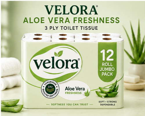 Velora AleoVera Scented 3-Ply Quilted Toilet Tissue – 12 Roll Pack