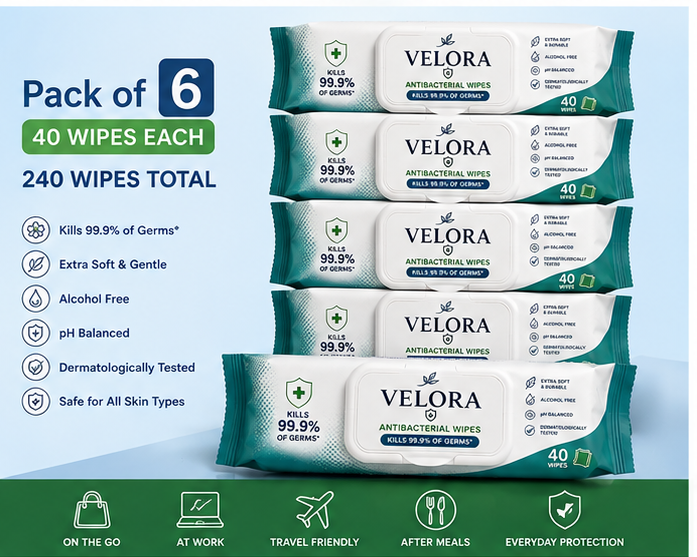 Velora Antibacterial Wipes – Cleanse, Protect & Refresh | 40 Wipes Each | Pack of 6 – 240 Wipes Total