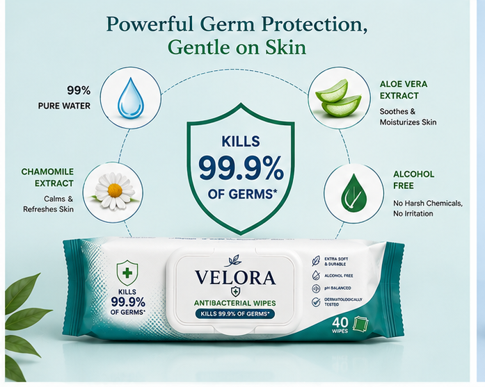 Velora Antibacterial Wipes – Cleanse, Protect & Refresh | 40 Wipes Each | Pack of 6 – 240 Wipes Total
