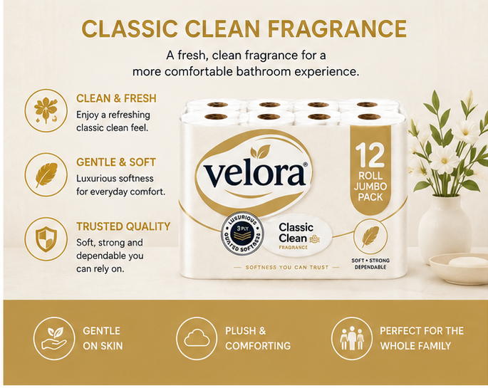 Velora Classic Scented 3-Ply Quilted Toilet Tissue – 12 Roll Pack
