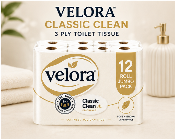 Velora Classic Scented 3-Ply Quilted Toilet Tissue – 12 Roll Pack